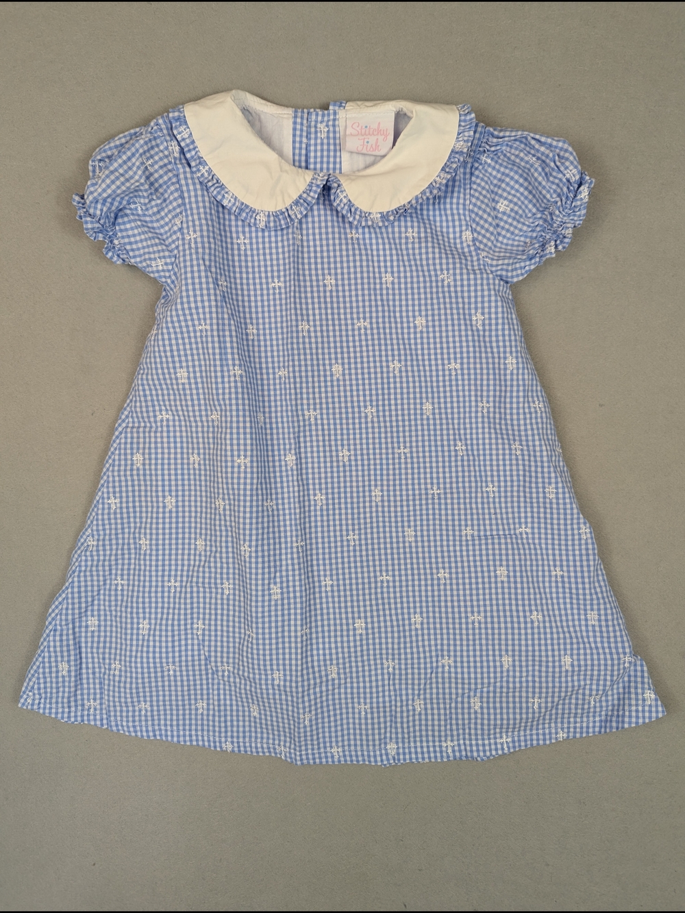 Stitchy Fish Girls Blue Gingham Cross A-Line Dress Size 4T Easter Baptism